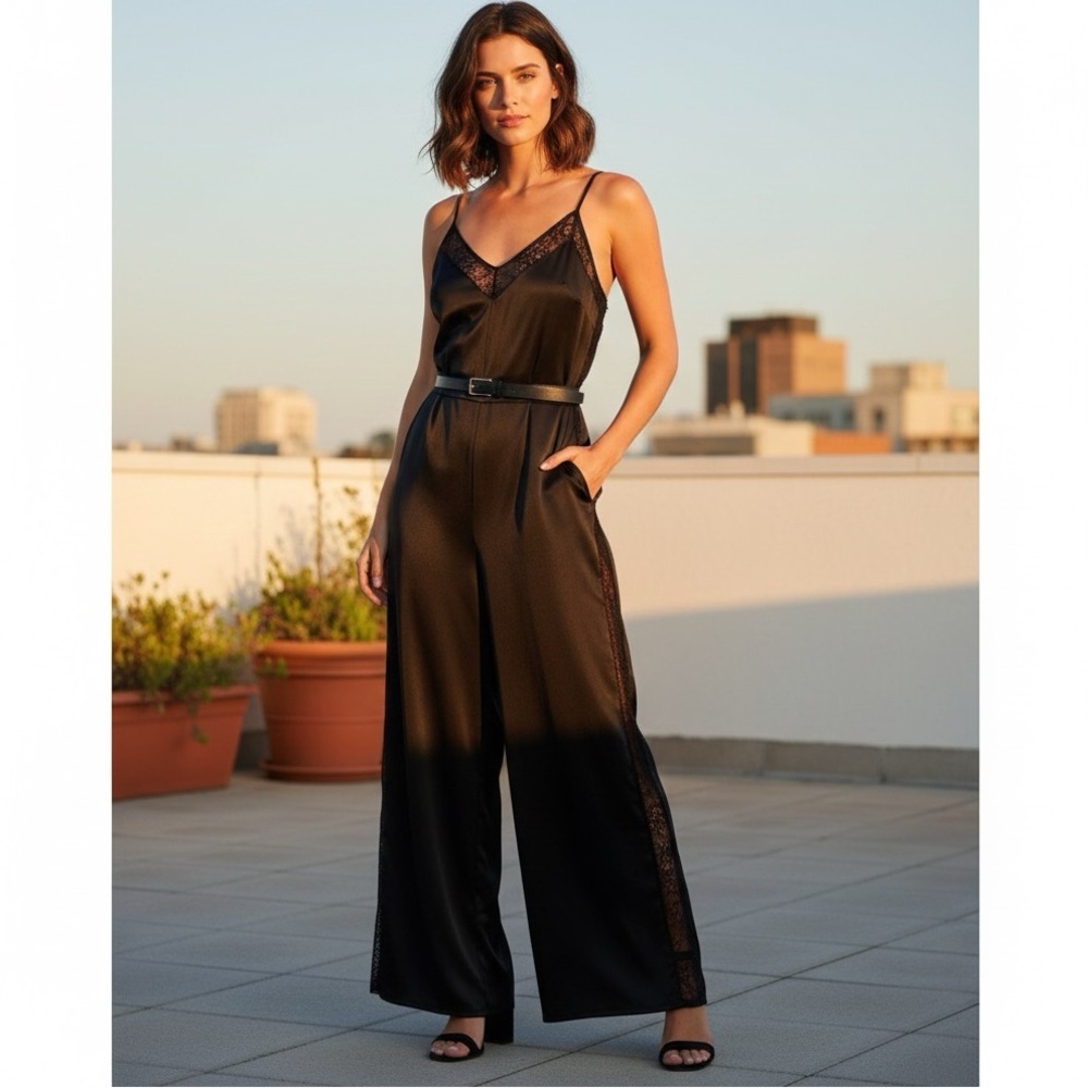 MARCIANO by Guess Black Lace Trim Wide Leg Tuxedo Stripe Cami Jumpsuit Size M